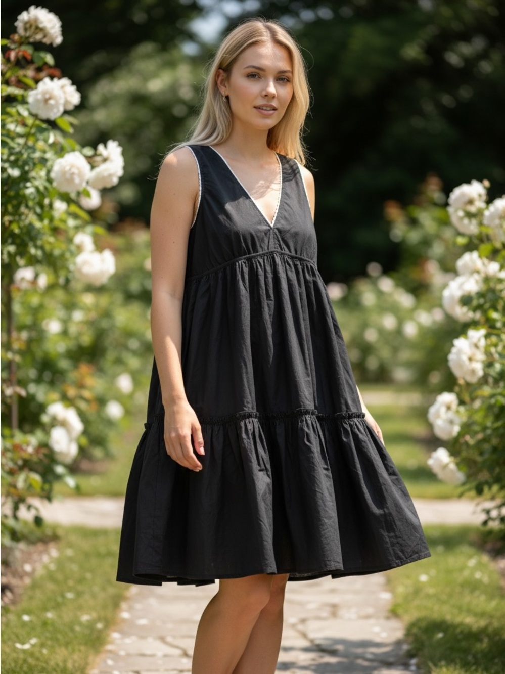 Reserved Black Sleeveless Tiered V-Neck Dress with White Trim
